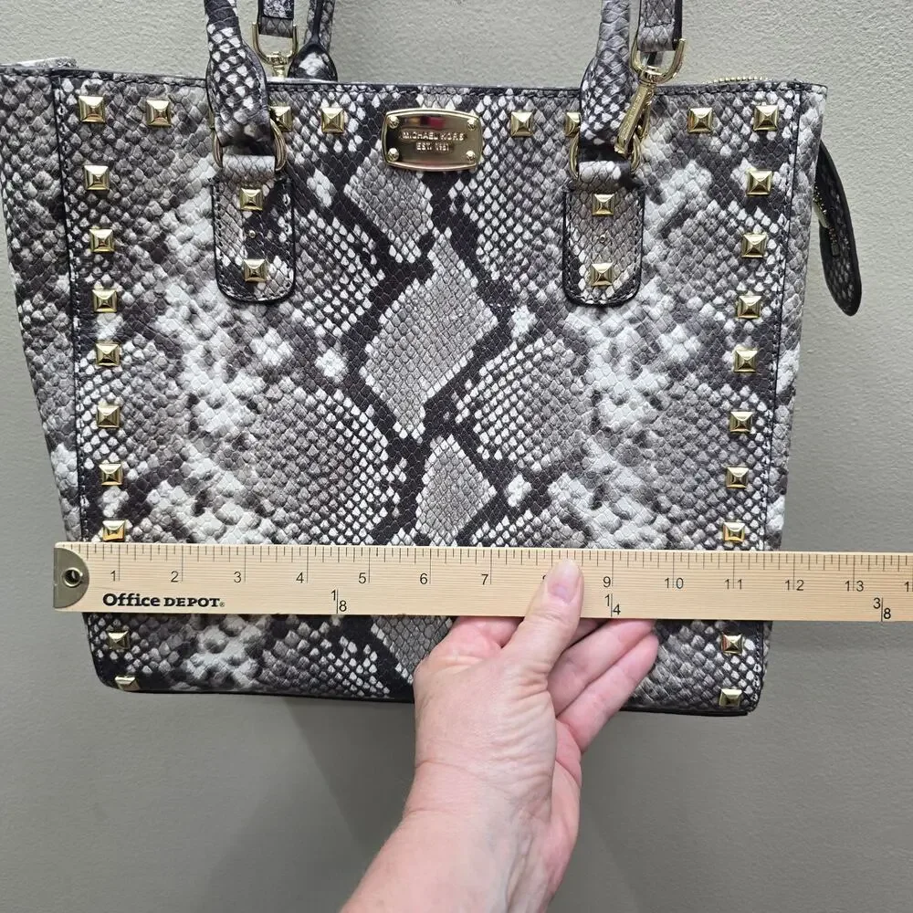 Michael Kors Studded Snake-Print Satchel Tote Bag Shoulder Crossbody Grey White